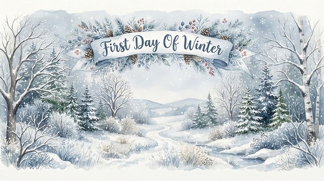 Watercolor Painting of a Snowy Winter Landscape with Winding Path and Pine Trees illustration