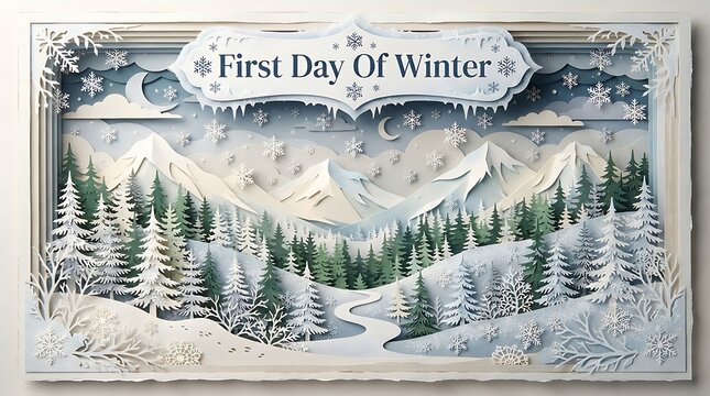 Intricate paper-cut art of a winter mountain landscape with snow-covered trees and a " First Day Of Winter" banner Keywords: winter, landscape, mountains, snow, trees, paper art, cut paper