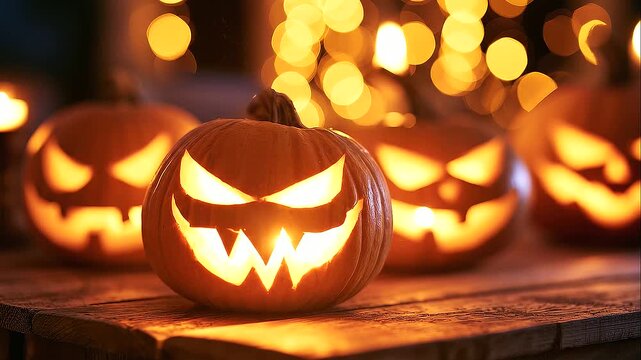 Close-up of a sinister illuminated pumpkin with pointed eyes and sharp teeth in the foreground, several carved lanterns softly blurred behind under warm string lights, Halloween