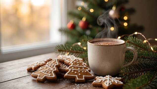 Steaming Mug of Hot Chocolate with Tree Shaped Gingerbread Cookies on Wooden Table by Christmas Tree  