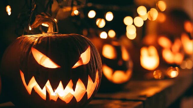 Close-up of a sinister illuminated pumpkin with pointed eyes and sharp teeth in the foreground, several carved lanterns softly blurred behind under warm string lights, Halloween