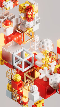 Abstract Red and Yellow Geometric Structure With Metallic Cube
