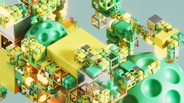 Abstract Green Modular Structure With Gold Wireframe Cubes
