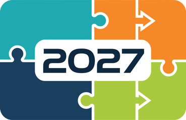 Obraz premium Vector illustration of interlocking puzzle pieces forming the number 2027 with a white background jigsaw