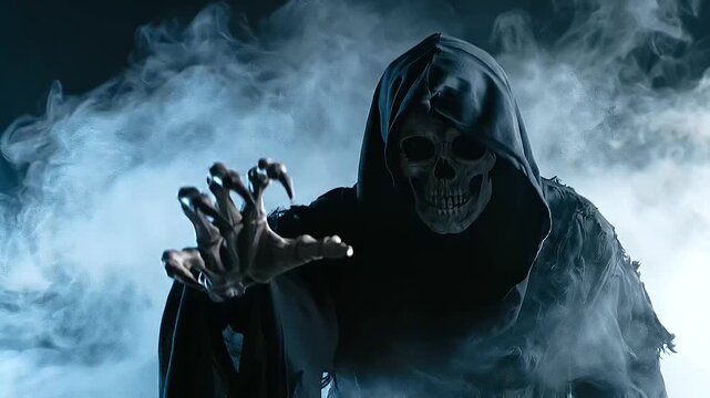 Front-facing skeletal figure wearing a tattered black hooded robe, extending one claw-like hand toward the viewer while emerging from a smoky dark background, Halloween nightmare