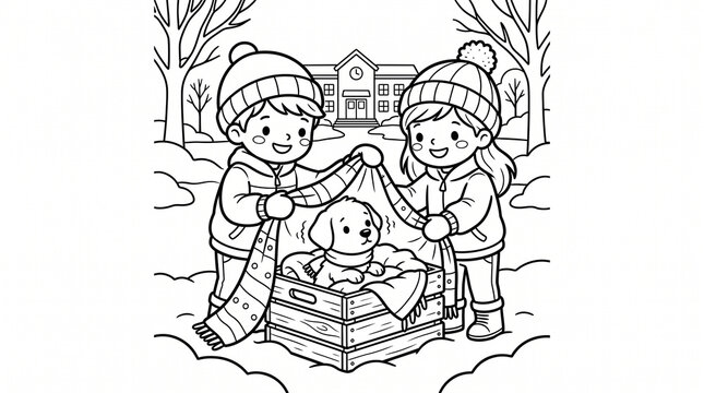 Kind little boy and girl wrapping shivering stray puppy in warm patterned scarf inside wooden crate in snow coloring page stock illustration&mdash;featuring elementary school building, winter trees, and ani
