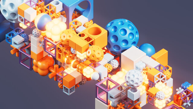 Abstract Blue and Orange Modular Structure With Blue Sphere