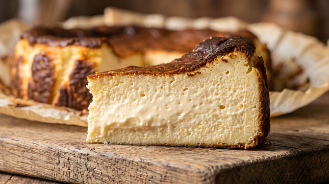 A delicious slice of burnt basque cheesecake served on a wooden board with a creamy texture inside.