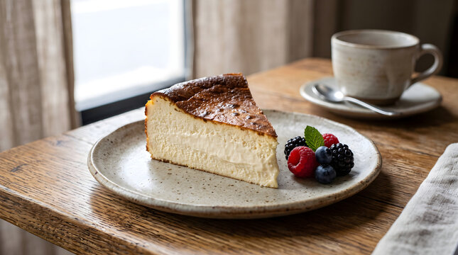 A delicious slice of burnt basque cheesecake served on a rustic plate with fresh berries and coffee
