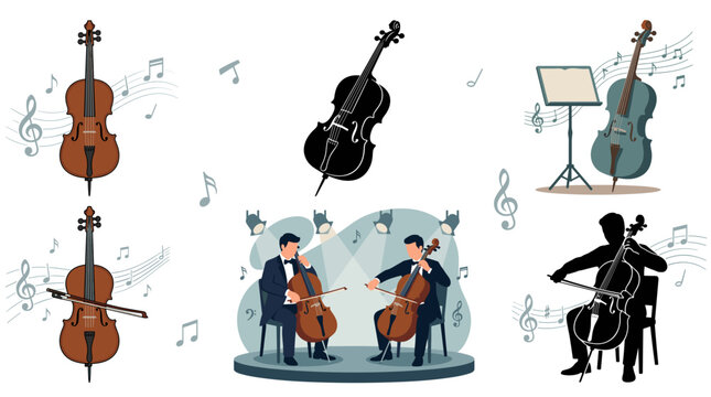 Professional vector collection featuring different styles of cello instruments, including classical cello, orchestral cello, chamber cello, cello with bow, cello performance scenes, and seated