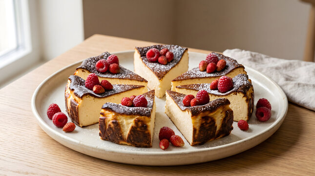 A delicious slice of burnt basque cheesecake with fresh raspberries and powdered sugar on a white plate.