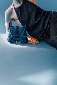 Blue Leather Bag Styled With Denim Fashion
