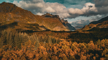 Panoramic aerial view of a mountain range and colorful autumn forest in northern Norway under a cloudy sky © Quality by Simon