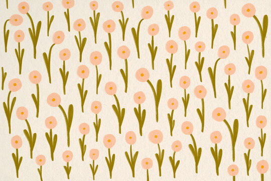 Minimalist pink daisy field illustration on textured cream paper