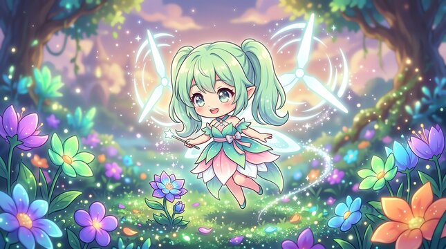 Green haired fairy girl in flower garden
