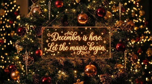 Holiday Magic. December is here let the magic begin neon sign, glowing message on Christmas tree, festive seasonal greeting background
