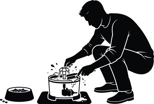 Man Cleaning Pet Water Fountain with Scrub Brush Vector Illustration