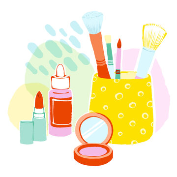 Colorful Makeup Products and Cosmetic Brushes