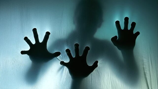 Three ghostly hands pressing outward from behind a translucent stretched membrane, blurred human silhouettes hidden beneath the pale surface, Halloween horror, trapped souls, supe