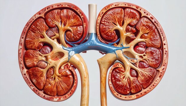 Pair of human kidneys anatomical cross sections showing detailed internal structures for medical education