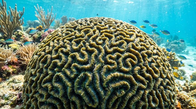 Close up of brain coral reef underwater in tropical ocean.
