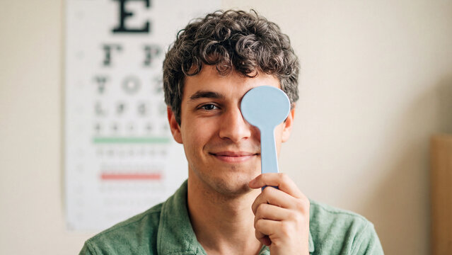 A man with an occluder stands near an eye chart. Ophthalmology and eye examination concept.