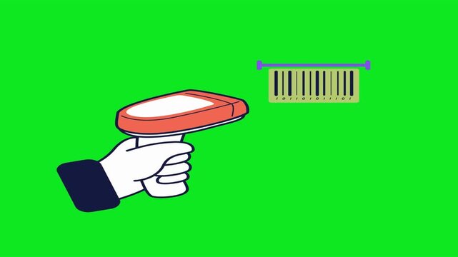 Animated hand holding a barcode scanner scanning a code on green screen