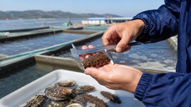 Worker Measuring Sea Cucumber at Aquaculture Farm