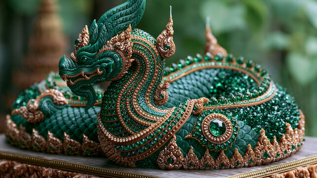 AI generator images of Statues and carvings of dragons or naga (serpent deities),embellished with glass and gemstones such as jade or emerald&mdash;ideal as collectibles, gifts, or festive souvenirs.