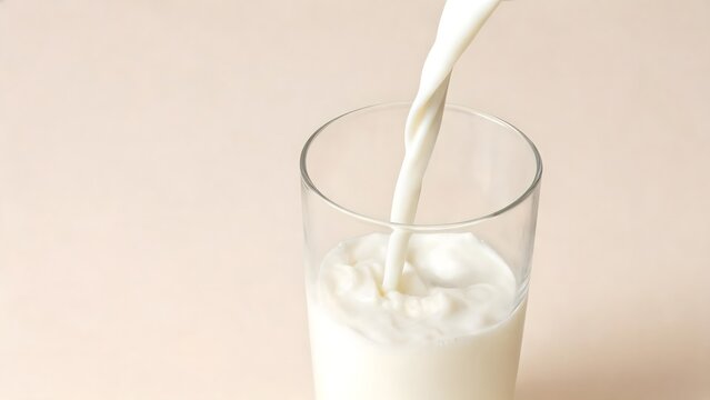 Pouring fresh milk into a clear glass on a beige background