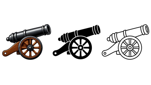 Three historical artillery cannon icons shown in color silhouette and line art