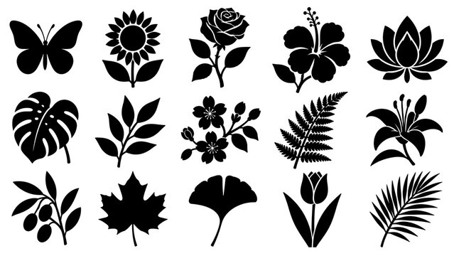 Elegant black nature silhouettes of diverse flowers leaves and butterfly vector icon set