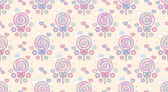 Whimsical pastel lollipop pattern features swirling candy shapes with bows and flowers.