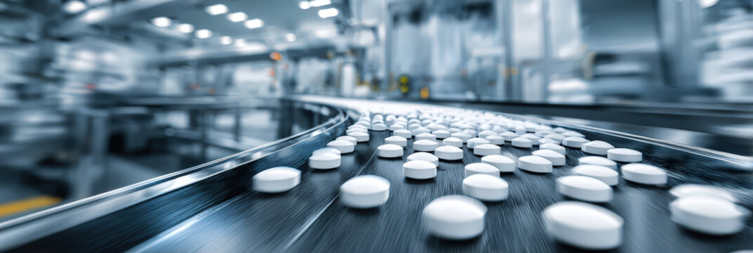 Close up of capsules moving on automated conveyor in pharmaceutical factory. Concept of drug manufacturing, healthcare industry, quality control, mass production and medical technology.