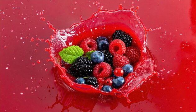 Mixed berries splashing into red fruit juice