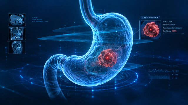 Stomach Cancer, 3D Medical Illustration Showing Malignant Tumor in Human Stomach Tissue