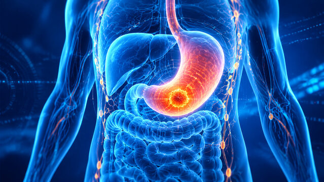 Stomach Cancer, 3D Medical Illustration Showing Malignant Tumor in Human Stomach Tissue