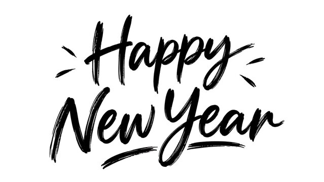 Happy new year hand drawn brush calligraphy black ink script on white background