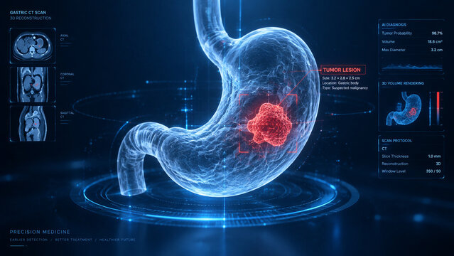 Stomach Cancer, 3D Medical Illustration Showing Malignant Tumor in Human Stomach Tissue