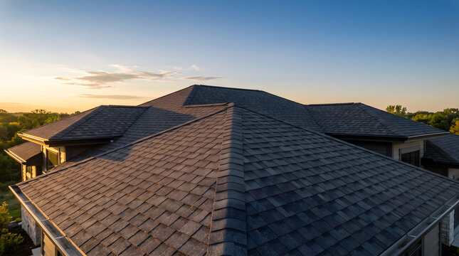 An asphalt shingle roof with ridge cap seen from above during sunset, showcasing modern residential architecture.