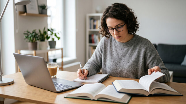 Young woman studying at home with laptop and books
