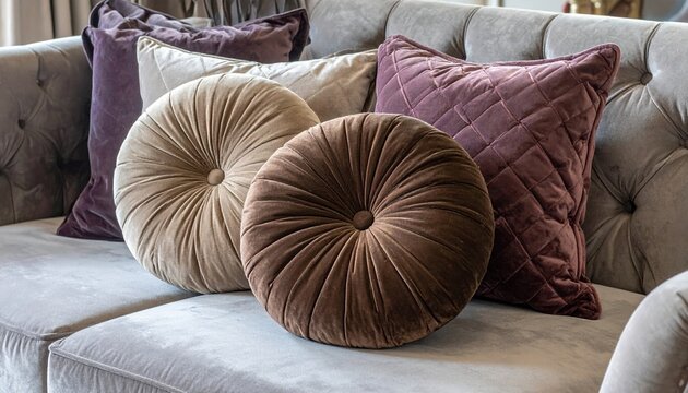 Soft round tufted velvet cushions and pillows with luxurious texture