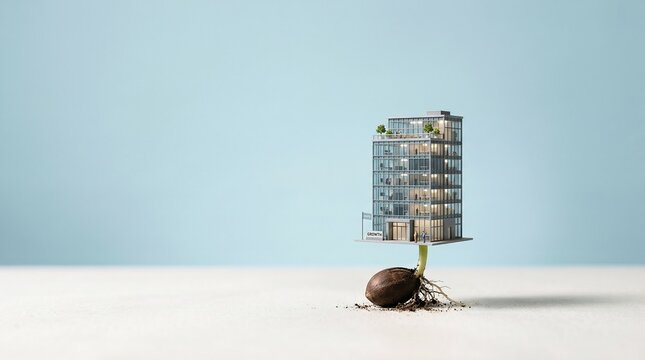 Miniature building model growing from a sprout seed depicting sustainable real estate investment and green architecture concept