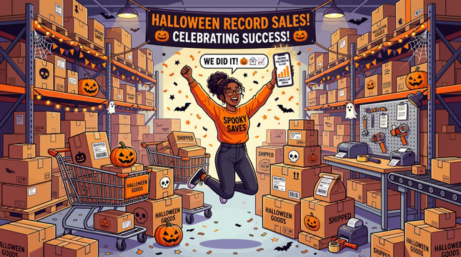 Small business owner celebrating record halloween sales in cluttered warehouse with arms raised