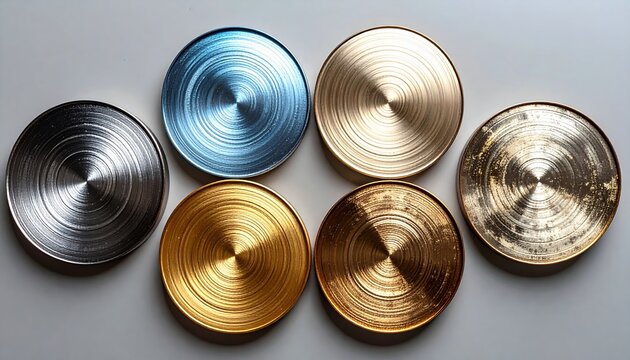 Four round material texture samples featuring hologram, brushed metal, chrome and gold