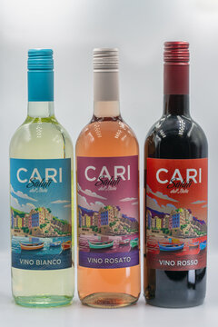 Capri Saluti Italian wine bottles set closeup on white.