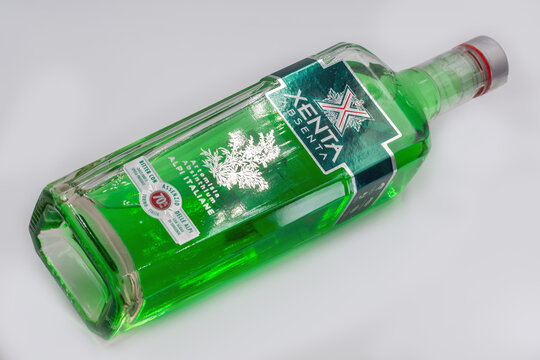 Xenta Absenta Italian absinthe bottle closeup on white.