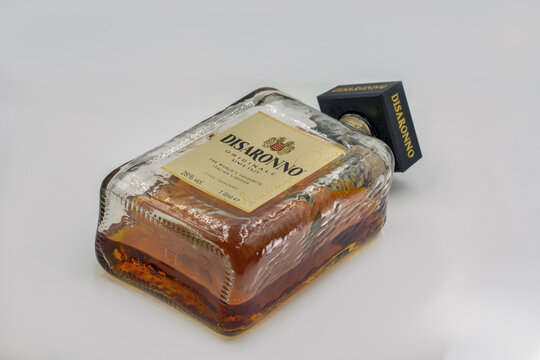 Disaronno Originale Italian amaretto liqueur closeup on white.