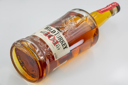 Wild Turkey 101 Kentucky bourbon whiskey bottle closeup on white.