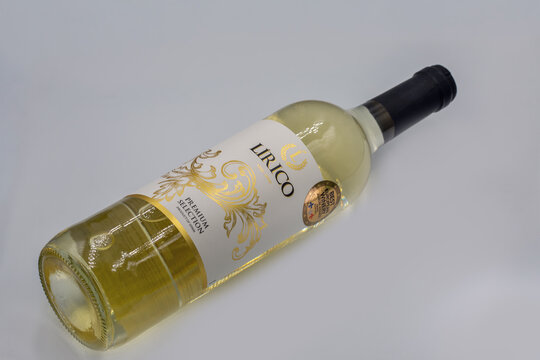 Lirico Premium Selection Spanish white wine closeup on white.